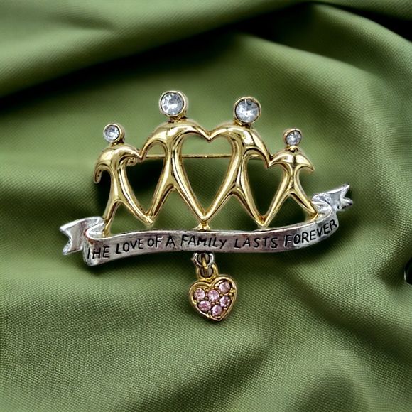 Love Family Brooch Rhinestone Gold Tone Dangle Pink Heart Banner Statement Pin - Picture 1 of 6